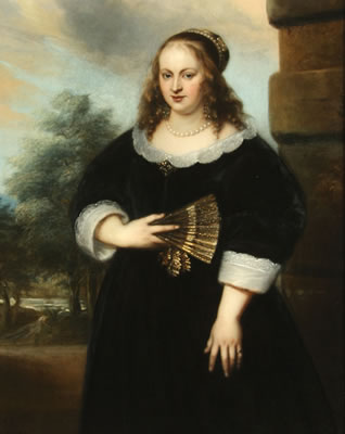 A Three-quarter Length Portrait of a Lady Holding a Fan with Garden in Background- 1650