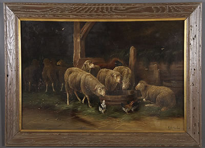 Barn Scene with Sheep and Chickens