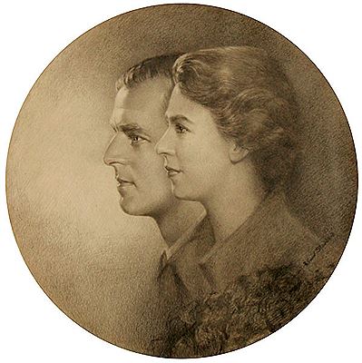 Bust Profile Portrait of Princess Elizabeth (Queen Elizabeth II) and Prince Phillipcirca 1947