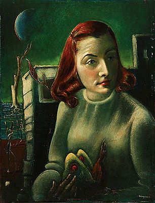 Surrealistic Portrait of a Red Haired Woman Holding a Lunar Moth- 1941