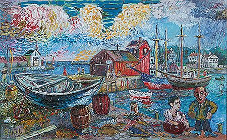 Harbor Scene with Portrait of a Couple- Possibly Ivan Bunin and Vera Muromtseva