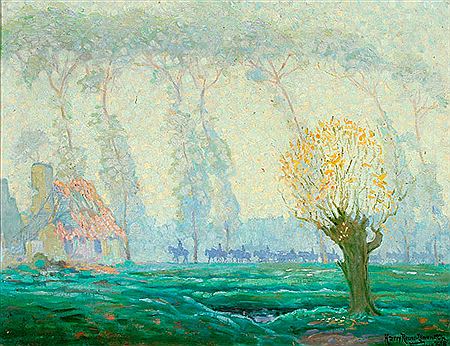 Impressionistic Landscape with Soldiers Going Off to War-1916
