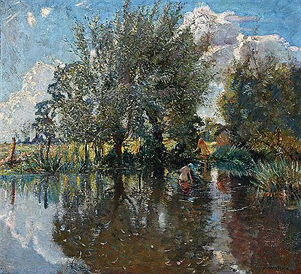 Wooded Landscape with Figures Bathing