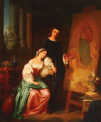 Raphael with the Donna Velata While Painting the Sistine Madonna-1848 by Heinrich Franz Gaudenz von Rustige - Auction record, sale price, and art valuation. Compare with similar artists and explore comparable artworks.
