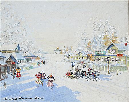 Winter Russian Village Scene with Troika and Figures