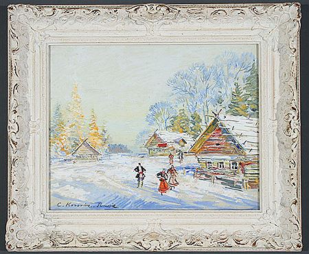 Russian Winter Village Scene with Figures