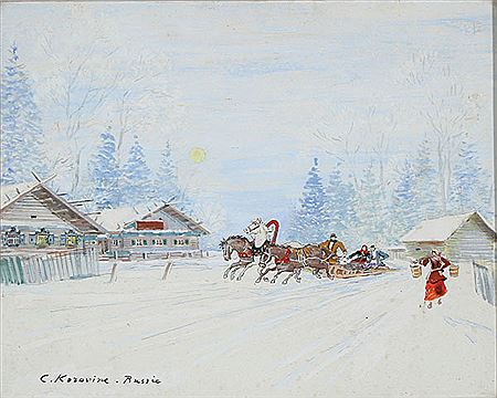 Russian Winter Village Scene with Troika and Water Gatherer