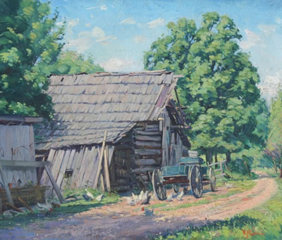 Brown County Barn, Wagon and Chickens by Varaldo Cariani - Auction record, sale price, and art valuation. Compare with similar artists and explore comparable artworks.