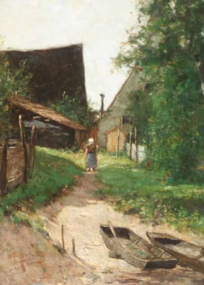 Munich Village Scene with Figure, Bldgs. & Boats