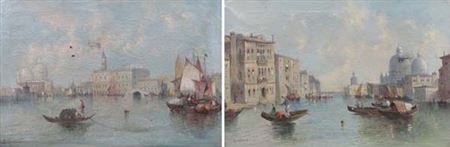 Grand Canal Venice with boats looking westwards towards Santa Maria della Salute & Across the lagoon Venice showing boats, Pillars of San Marco etc