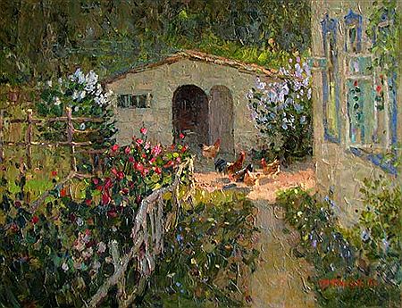 "Cockerel and hens in a farmyard" 1956