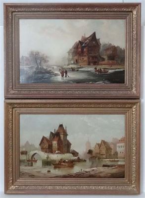 River frozen over with ice skaters and buildings, a lowlands scene