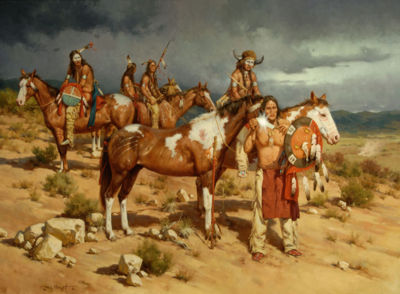 Sample artwork by Gary Lawrence Niblett (Born 1943), known for western scene painting-cowboys, indians, horses - View similar artists and auction records