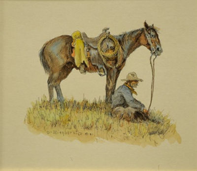 COWBOY SEATED WITH HORSE