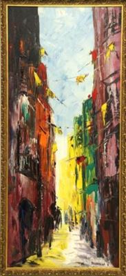 A colorful street scene with flags