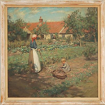 A country garden scene with a rustic cottage in the background. In the foreground, a woman wearing peasant clothes and holding a shovel is apparently is digging up potatoes, while a small child sits and plays nearby on the ground