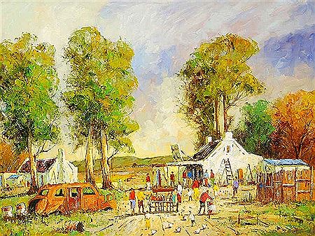 Village Scene with Donkey Cart and Chickens