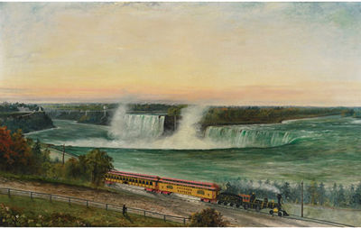 PANORAMIC VIEW OF NIAGARA FALLS WITH A MICHIGAN CENTRAL RAILWAY TRAIN
