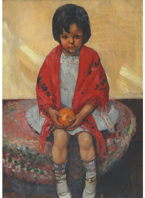 GIRL WITH RED SHAWL HOLDING AN ORANGE by Dorothy Stevens - Auction record, sale price, and art valuation. Compare with similar artists and explore comparable artworks.