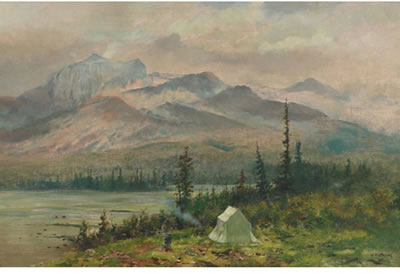 A PAINTING CAMP IN THE ROCKIES, THE ARTIST AT HIS EASEL by Marmaduke Matthews - Auction record, sale price, and art valuation. Compare with similar artists and explore comparable artworks.