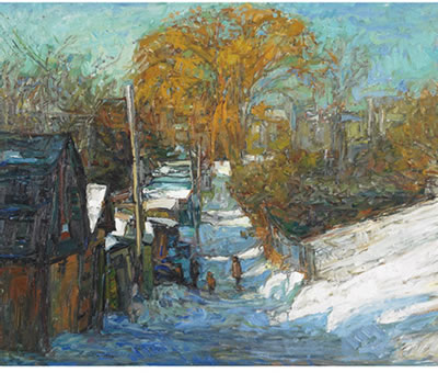 RIVERDALE LANEWAY, WINTER by Donald Besco - Auction record, sale price, and art valuation. Compare with similar artists and explore comparable artworks.