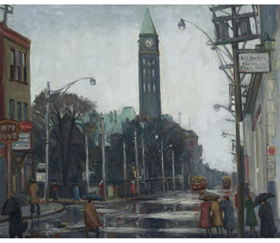 RAINY DAY, CITY HALL by Roy Greenaway - Auction record, sale price, and art valuation. Compare with similar artists and explore comparable artworks.