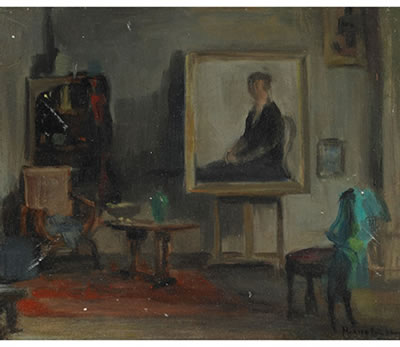 Portrait of Marion Long: INTERIOR OF THE ARTIST’S HOME WITH SELF PORTRAIT
