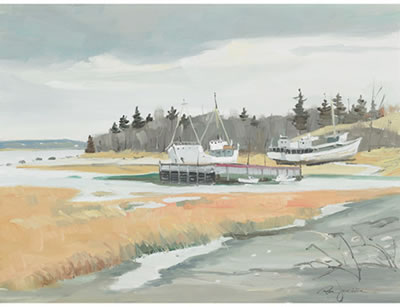 BOATS ON THE SHORE, ST. JOSEPH DE LA RIVE, QUE., OCT 29, 1974
