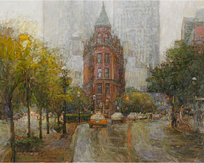 FLAT IRON BUILDING IN THE RAIN by Donald Besco - Auction record, sale price, and art valuation. Compare with similar artists and explore comparable artworks.
