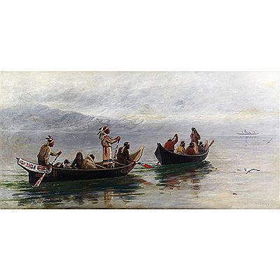 INDIANS PADDLING WEST COAST CANOES