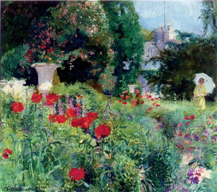 Elégante dans le parc fleuri de coquelicots