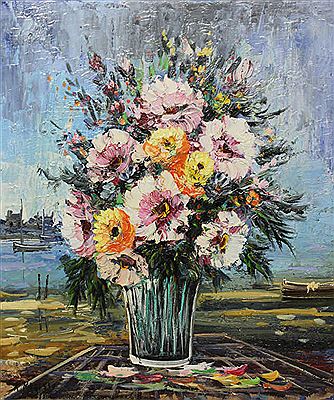 "Bouquet de fleurs devant la mer"
