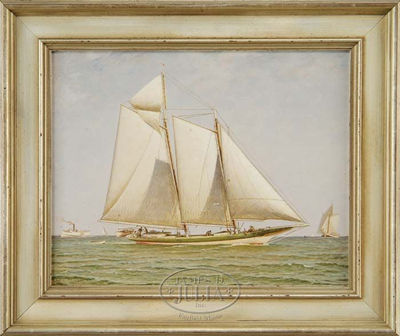 PORTRAIT OF A GREEN AND WHITE HULL YACHT