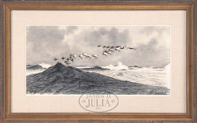 EIDERS IN FLIGHT OVER WAVES by Robert Clem - Auction record, sale price, and art valuation. Compare with similar artists and explore comparable artworks.