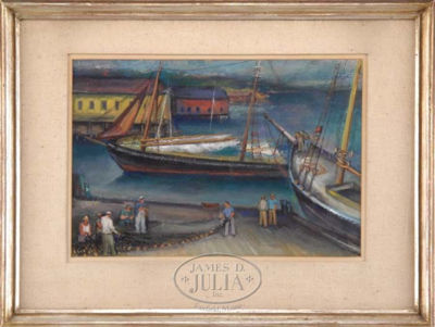FISHERMEN REPAIRING NETS, ITALIAN DOCKS, GLOUCESTER, MASS