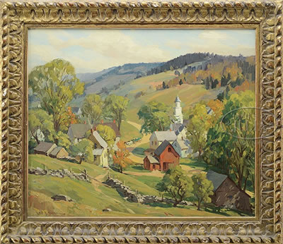 AUTUMN BIRDSEYE VIEW OF A VERMONT VILLAGE/HORSE DRAWN WAGON & RIDER IN MID-GROUND