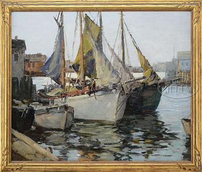 ANIMATED HARBOR SCENE WITH FISHERMEN UNLOADING THEIR CATCH
