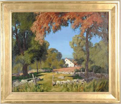 New England Landscape with House by Bertram George Bruestle - Auction record, sale price, and art valuation. Compare with similar artists and explore comparable artworks.
