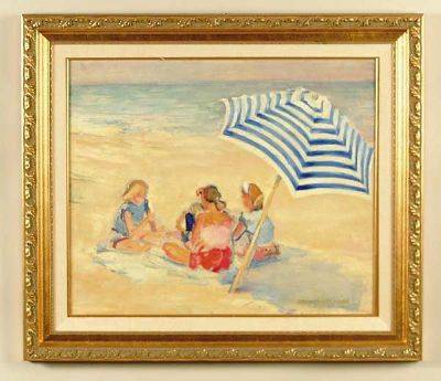 Beach scene with people and umbrella
