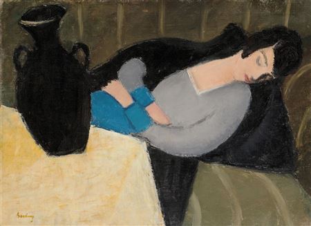 Sleeping woman with a black vase (Woman asleep), 1927-1928 by Robert Bereny - Auction record, sale price, and art valuation. Compare with similar artists and explore comparable artworks.