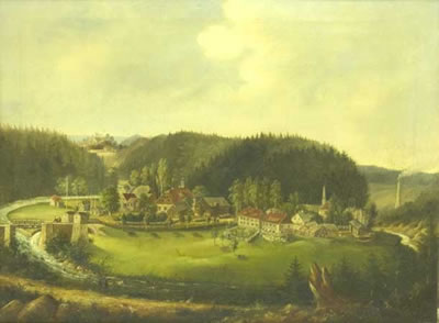 Landschaft mit kleinem Dorf und Bachlauf