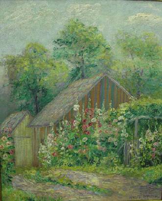 Brown County garden with hollyhocks and barns