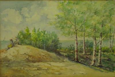 Dunes landscape with children and sailboat