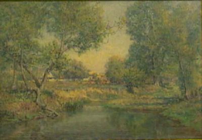 Summer Landscape with Stream and Buildings by John Ottis Adams - Auction record, sale price, and art valuation. Compare with similar artists and explore comparable artworks.