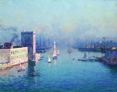 Soleil levant sur l'entrée du port de Marseille