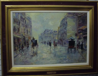 Fiacres et pasants dans une rue
