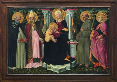 La Vierge à l'Enfant sur un trône entouré des Saint Dominique et Saint Zenobe à gauche, Saint François d'Assise et Saint Miniato à droite.
