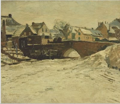 Winterliches Dorf mit verschneitem Fluss
