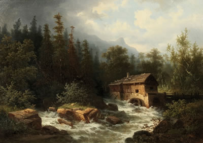 Landschaft mit Wassermühle