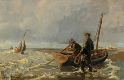 Zwei Fischer am Boot bei bewegter See